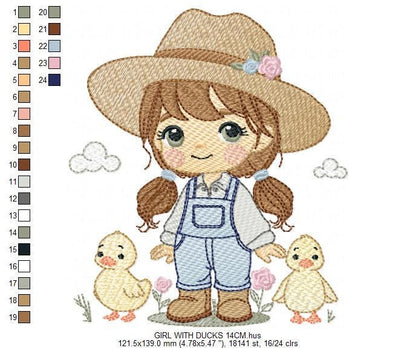 Girl Farmer embroidery designs - Farmer with hat and ducks machine embroidery pattern - Cowgirl ranch worker file - Instant digital download