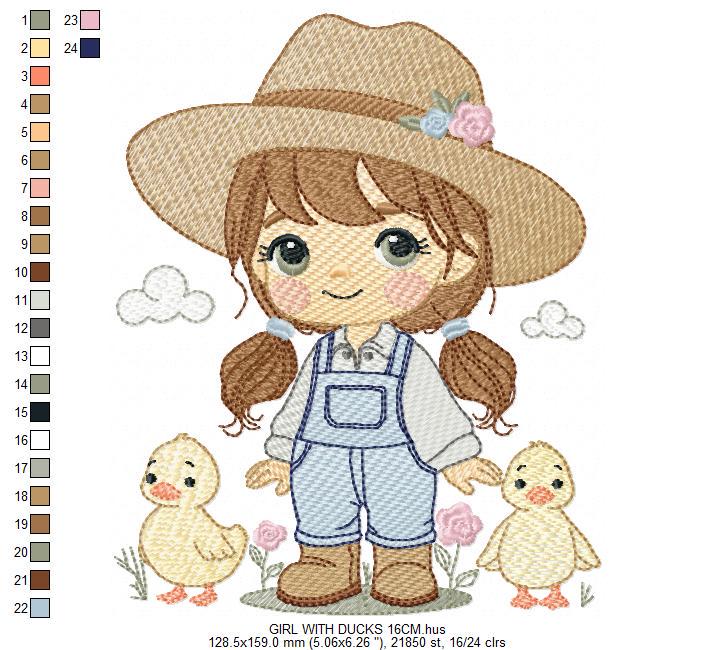 Girl Farmer embroidery designs - Farmer with hat and ducks machine embroidery pattern - Cowgirl ranch worker file - Instant digital download