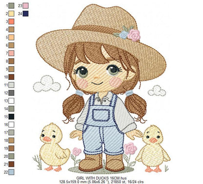 Girl Farmer embroidery designs - Farmer with hat and ducks machine embroidery pattern - Cowgirl ranch worker file - Instant digital download