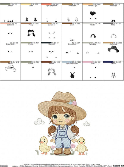Girl Farmer embroidery designs - Farmer with hat and ducks machine embroidery pattern - Cowgirl ranch worker file - Instant digital download