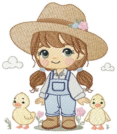 Girl Farmer embroidery designs - Farmer with hat and ducks machine embroidery pattern - Cowgirl ranch worker file - Instant digital download