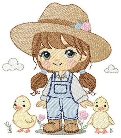 Girl Farmer embroidery designs - Farmer with hat and ducks machine embroidery pattern - Cowgirl ranch worker file - Instant digital download