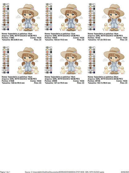 Girl Farmer embroidery designs - Farmer with hat and ducks machine embroidery pattern - Cowgirl ranch worker file - Instant digital download