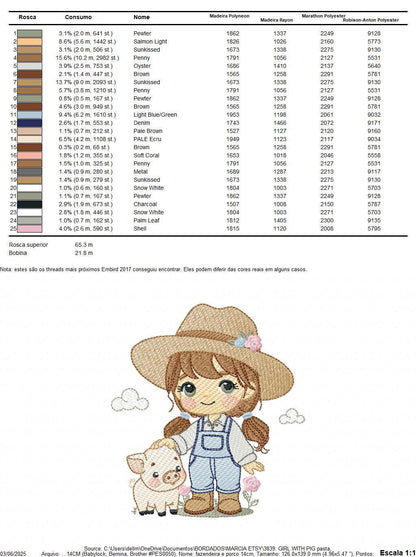 Girl Farmer embroidery designs - Farmer with hat and pig machine embroidery pattern - Cowgirlwith long hair file - Instant digital download