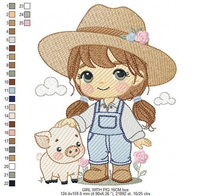 Girl Farmer embroidery designs - Farmer with hat and pig machine embroidery pattern - Cowgirlwith long hair file - Instant digital download