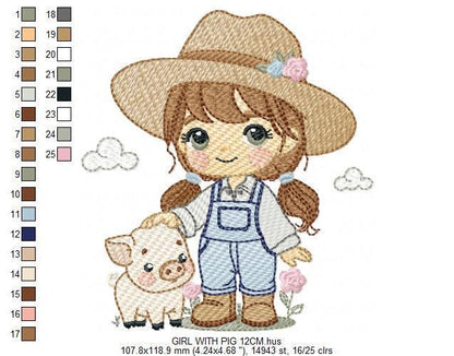 Girl Farmer embroidery designs - Farmer with hat and pig machine embroidery pattern - Cowgirlwith long hair file - Instant digital download