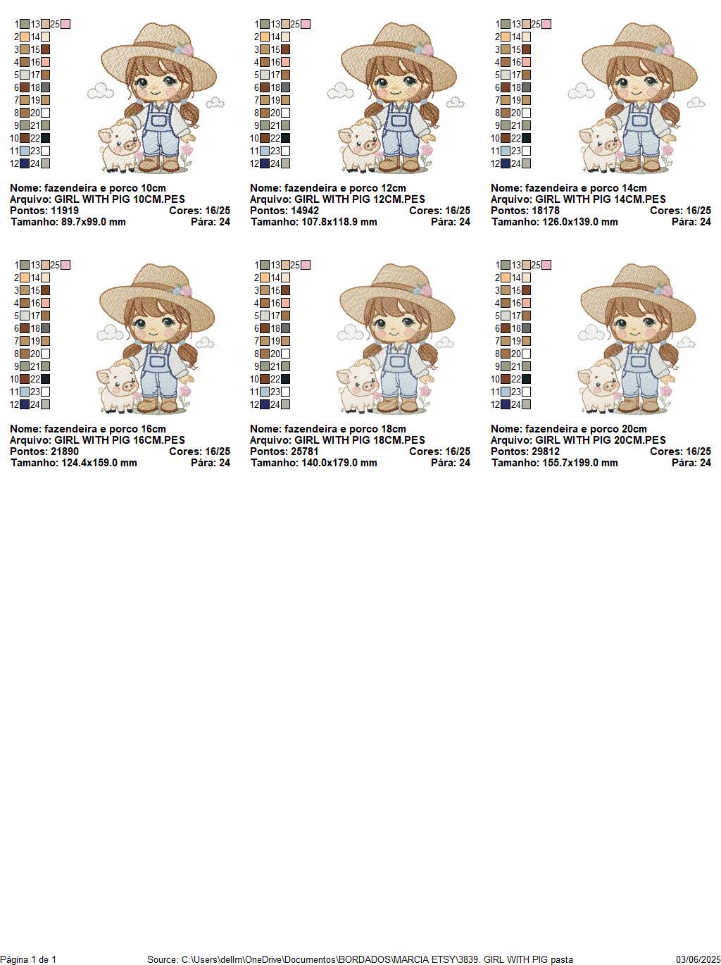 Girl Farmer embroidery designs - Farmer with hat and pig machine embroidery pattern - Cowgirlwith long hair file - Instant digital download