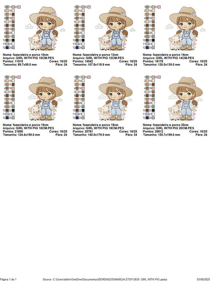Girl Farmer embroidery designs - Farmer with hat and pig machine embroidery pattern - Cowgirlwith long hair file - Instant digital download