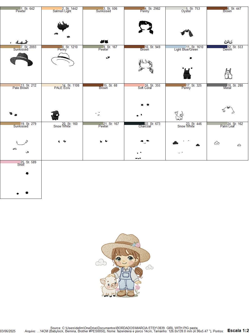 Girl Farmer embroidery designs - Farmer with hat and pig machine embroidery pattern - Cowgirlwith long hair file - Instant digital download