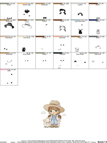 Girl Farmer embroidery designs - Farmer with hat and pig machine embroidery pattern - Cowgirlwith long hair file - Instant digital download