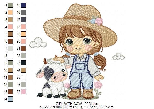 Girl Farmer embroidery designs - Farmer with hat and braids machine embroidery pattern - Girl with baby cow file - Instant digital download