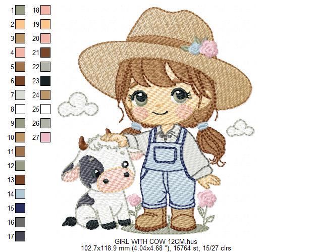 Girl Farmer embroidery designs - Farmer with hat and braids machine embroidery pattern - Girl with baby cow file - Instant digital download