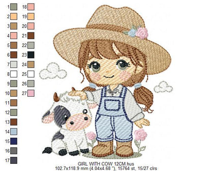 Girl Farmer embroidery designs - Farmer with hat and braids machine embroidery pattern - Girl with baby cow file - Instant digital download