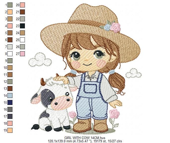 Girl Farmer embroidery designs - Farmer with hat and braids machine embroidery pattern - Girl with baby cow file - Instant digital download