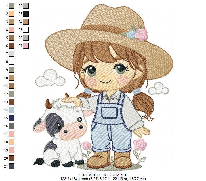 Girl Farmer embroidery designs - Farmer with hat and braids machine embroidery pattern - Girl with baby cow file - Instant digital download
