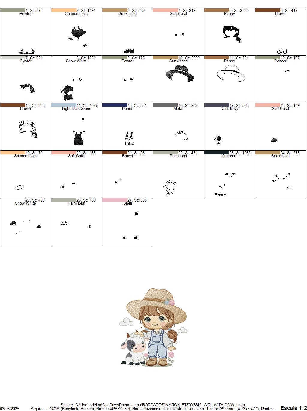 Girl Farmer embroidery designs - Farmer with hat and braids machine embroidery pattern - Girl with baby cow file - Instant digital download