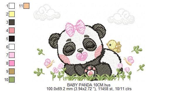 Panda embroidery design - Wild Female Animal with bow lace machine embroidery pattern - Baby Girl Panda with flowers - Instant download dst