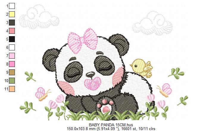 Panda embroidery design - Wild Female Animal with bow lace machine embroidery pattern - Baby Girl Panda with flowers - Instant download dst