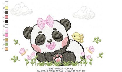 Panda embroidery design - Wild Female Animal with bow lace machine embroidery pattern - Baby Girl Panda with flowers - Instant download dst