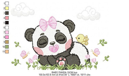 Panda embroidery design - Wild Female Animal with bow lace machine embroidery pattern - Baby Girl Panda with flowers - Instant download dst