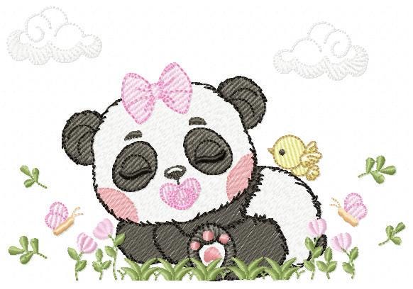 Panda embroidery design - Wild Female Animal with bow lace machine embroidery pattern - Baby Girl Panda with flowers - Instant download dst