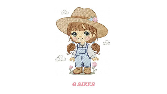 Farmer embroidery designs - Farmer with hat and ponytail machine embroidery pattern - Girl with long hair and overalls - Instant download