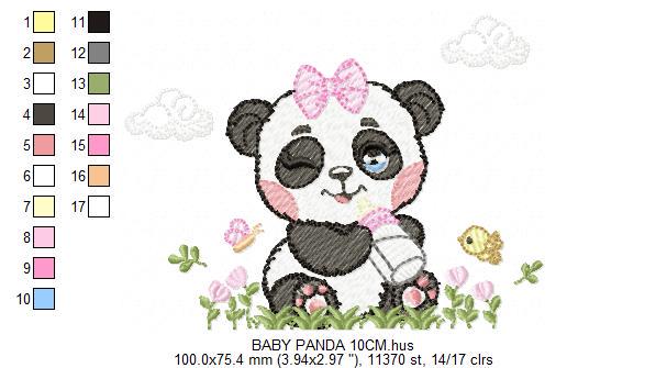 Panda embroidery design - Wild Female Animal with bow lace machine embroidery pattern - Baby Girl Panda with flowers - Instant download jef