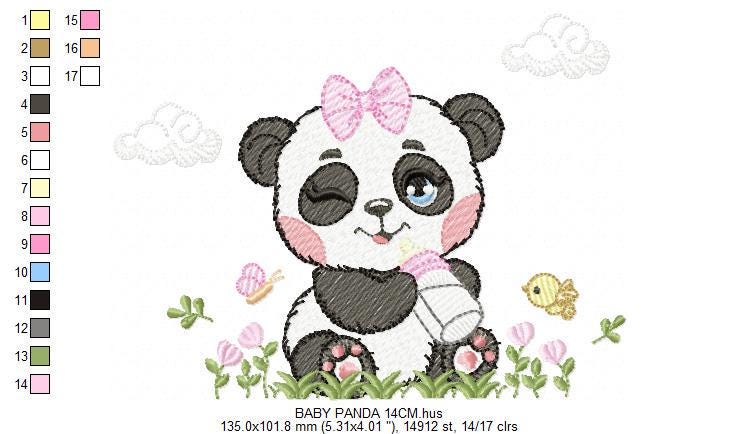 Panda embroidery design - Wild Female Animal with bow lace machine embroidery pattern - Baby Girl Panda with flowers - Instant download jef