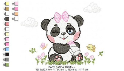 Panda embroidery design - Wild Female Animal with bow lace machine embroidery pattern - Baby Girl Panda with flowers - Instant download jef