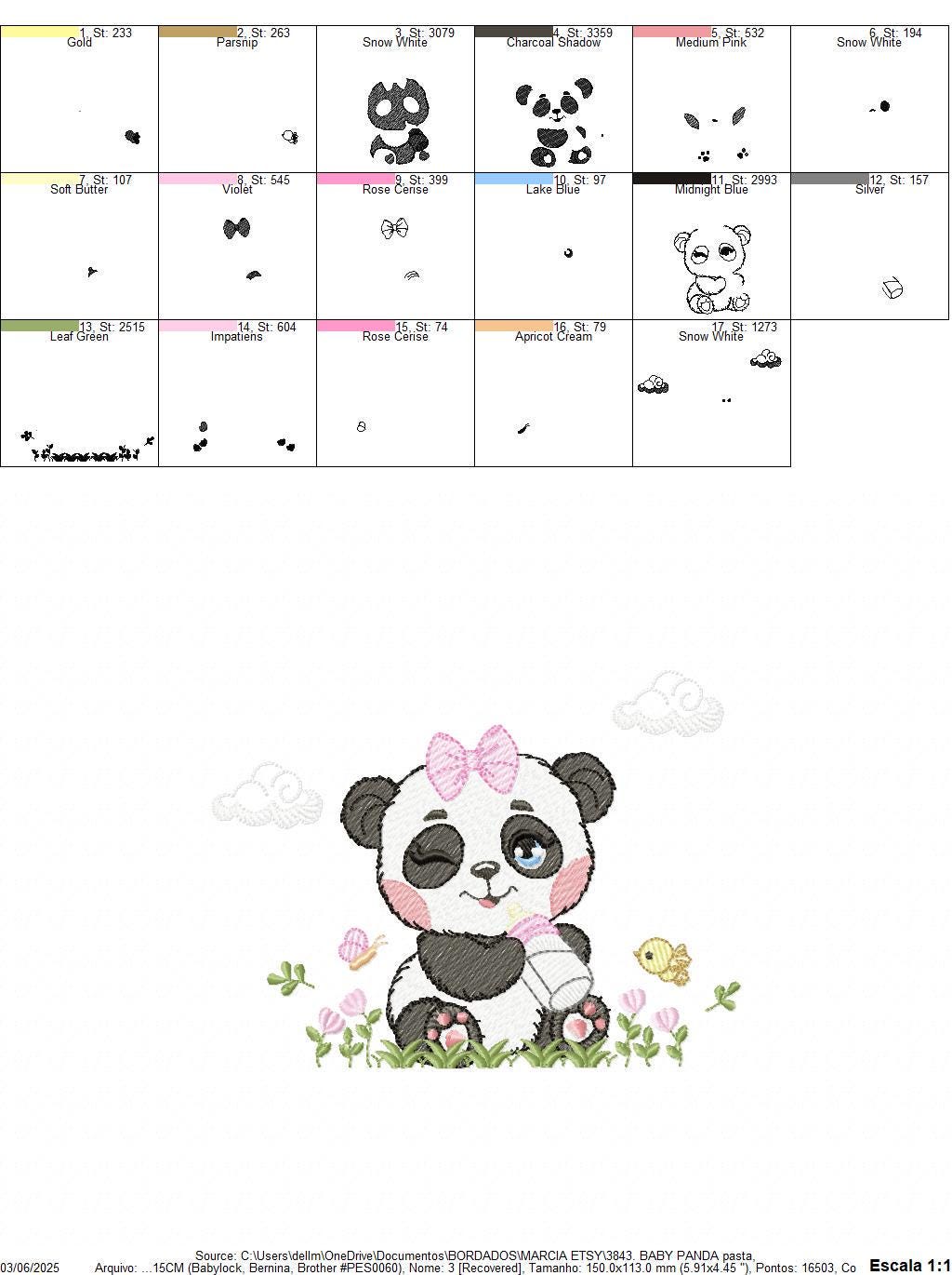 Panda embroidery design - Wild Female Animal with bow lace machine embroidery pattern - Baby Girl Panda with flowers - Instant download jef