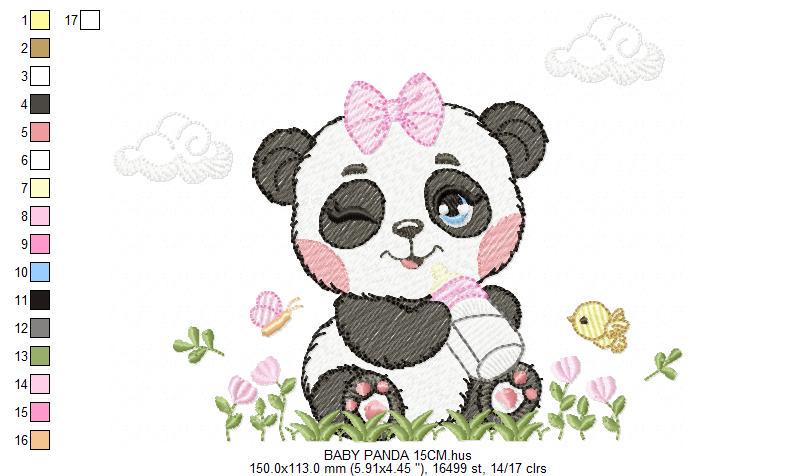 Panda embroidery design - Wild Female Animal with bow lace machine embroidery pattern - Baby Girl Panda with flowers - Instant download jef