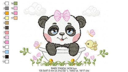 Female Panda embroidery design - Wild Animal machine embroidery pattern - Baby Girl file - Panda with flowers in bathtub - Instant download