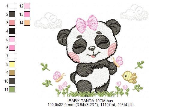 Panda embroidery design - Female Wild Animal machine embroidery pattern - Baby Girl file - Panda with flowers butterfly - Instant download