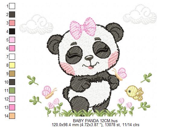 Panda embroidery design - Female Wild Animal machine embroidery pattern - Baby Girl file - Panda with flowers butterfly - Instant download