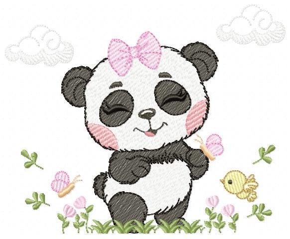 Panda embroidery design - Female Wild Animal machine embroidery pattern - Baby Girl file - Panda with flowers butterfly - Instant download