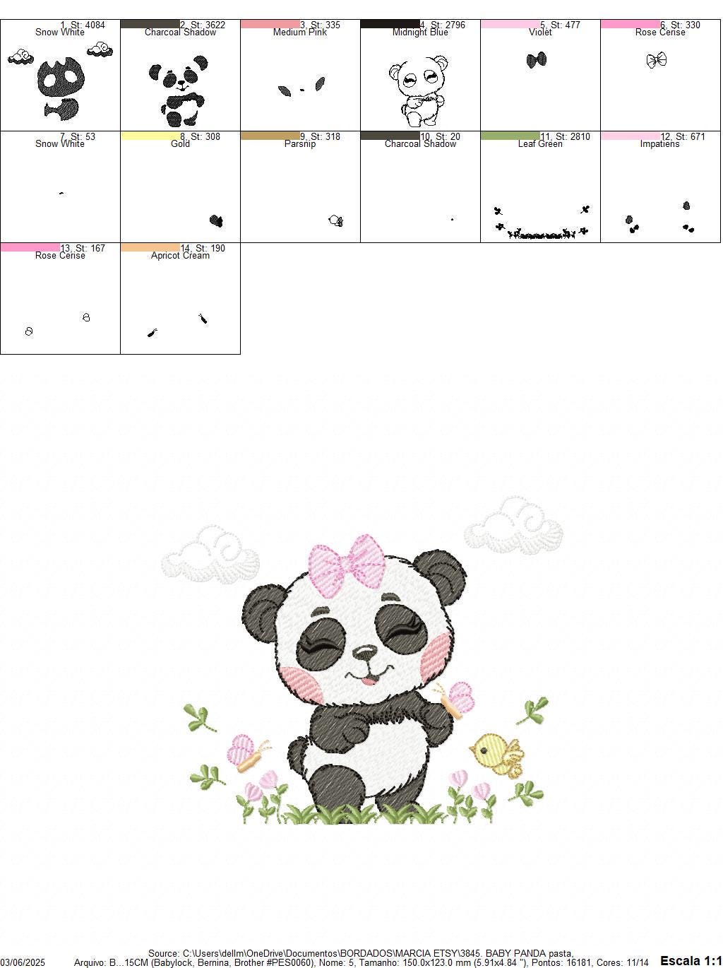 Panda embroidery design - Female Wild Animal machine embroidery pattern - Baby Girl file - Panda with flowers butterfly - Instant download