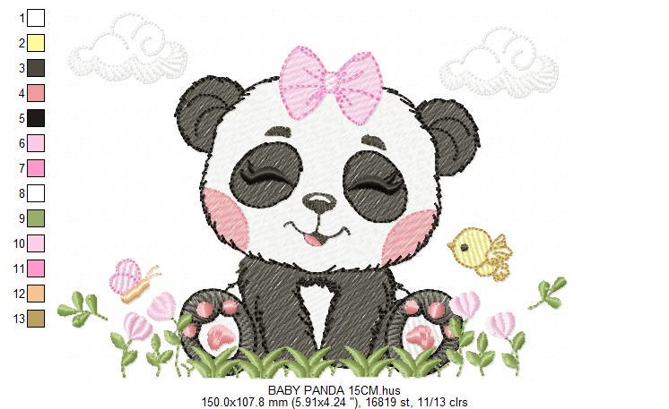 Panda embroidery design - Wild Female Animal with bow lace machine embroidery pattern - Baby Girl Panda with flowers - Instant download pes
