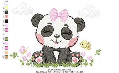 Panda embroidery design - Wild Female Animal with bow lace machine embroidery pattern - Baby Girl Panda with flowers - Instant download pes