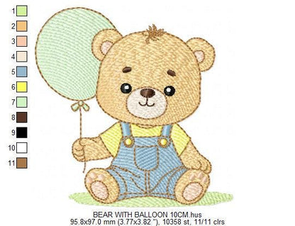 Male Bear with Balloon embroidery designs - Baby Boy bear machine embroidery pattern - Birthday Party file - Instant digital download pes