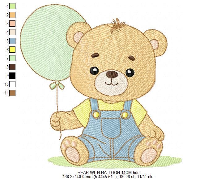 Male Bear with Balloon embroidery designs - Baby Boy bear machine embroidery pattern - Birthday Party file - Instant digital download pes