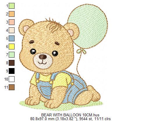 Male Bear with Balloon embroidery designs - Baby Boy bear machine embroidery pattern - Birthday Party file - Instant digital download pes