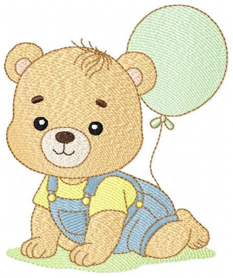 Male Bear with Balloon embroidery designs - Baby Boy bear machine embroidery pattern - Birthday Party file - Instant digital download pes