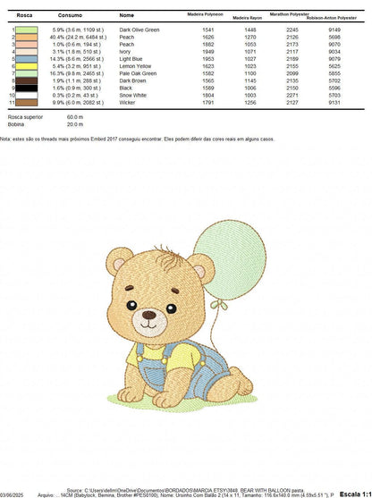 Male Bear with Balloon embroidery designs - Baby Boy bear machine embroidery pattern - Birthday Party file - Instant digital download pes