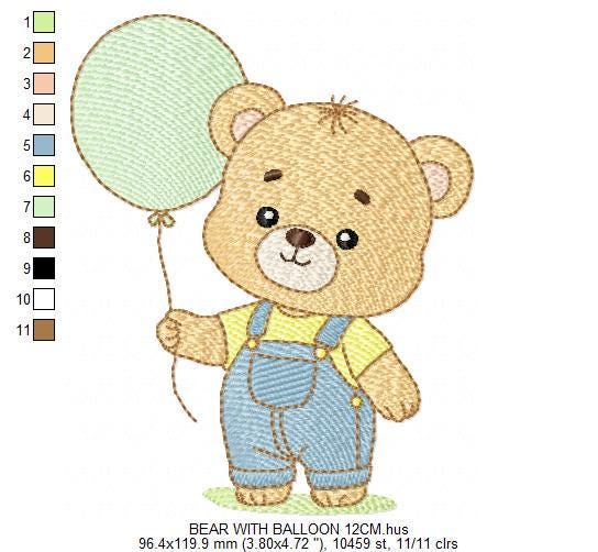 Male Bear with Balloon embroidery designs - Baby Boy bear machine embroidery pattern - Birthday Party file - Instant digital download pes