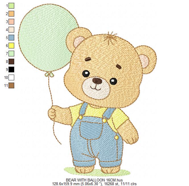 Male Bear with Balloon embroidery designs - Baby Boy bear machine embroidery pattern - Birthday Party file - Instant digital download pes