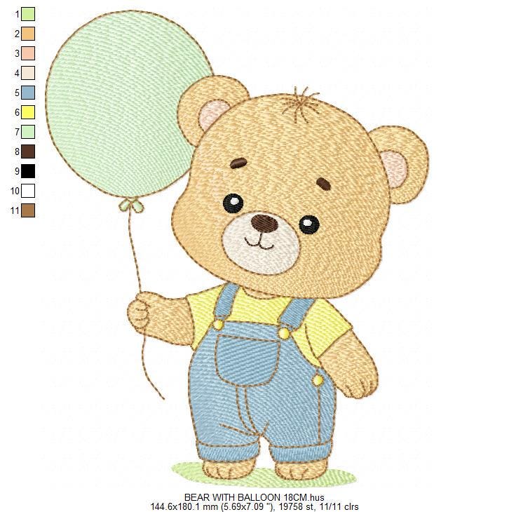 Male Bear with Balloon embroidery designs - Baby Boy bear machine embroidery pattern - Birthday Party file - Instant digital download pes