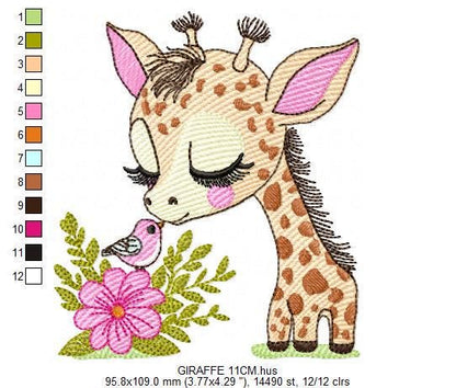 Giraffe with flower embroidery designs - Safari Female wild animal emachine embroidery pattern - Baby girl file - Instant download pes jef