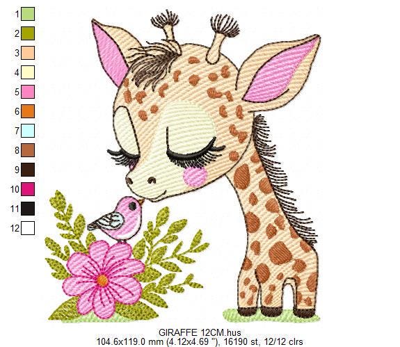 Giraffe with flower embroidery designs - Safari Female wild animal emachine embroidery pattern - Baby girl file - Instant download pes jef