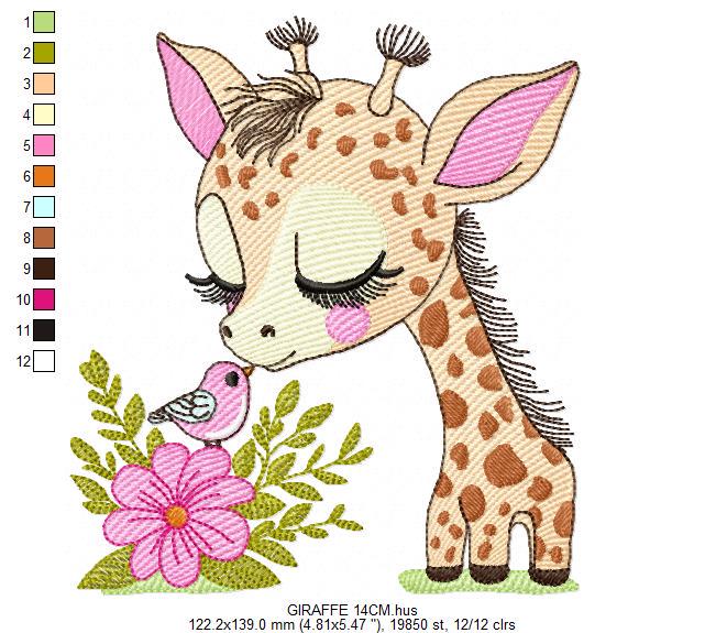 Giraffe with flower embroidery designs - Safari Female wild animal emachine embroidery pattern - Baby girl file - Instant download pes jef