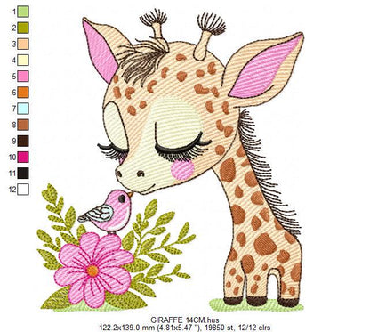 Giraffe with flower embroidery designs - Safari Female wild animal emachine embroidery pattern - Baby girl file - Instant download pes jef